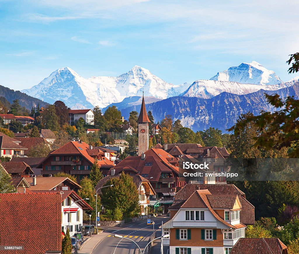 Lake Thun Oberhofen village on the lake Thun, Switzerland 2015 Stock Photo