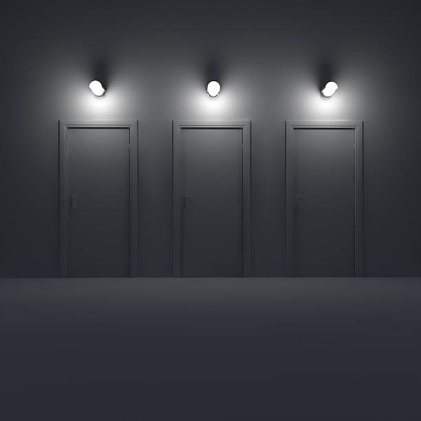 istock Three doors in a dark room with lamps. 3d illustration. 538829053