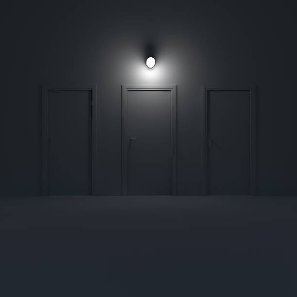 istock Three doors in a dark room with lamp. 3d illustration. 538829063