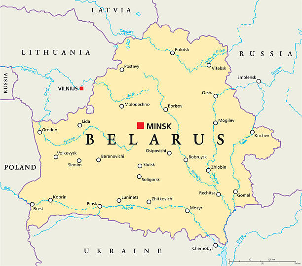 Belarus Political Map Belarus Political Map with capital Minsk, national borders, important cities, rivers and lakes. English labeling and scaling. Illustration. dnieper river stock illustrations