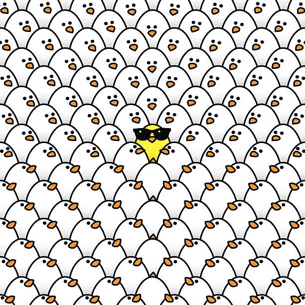 Vector illustration of Yellow Chick in Sunglasses Surrounded by Staring White Chicks