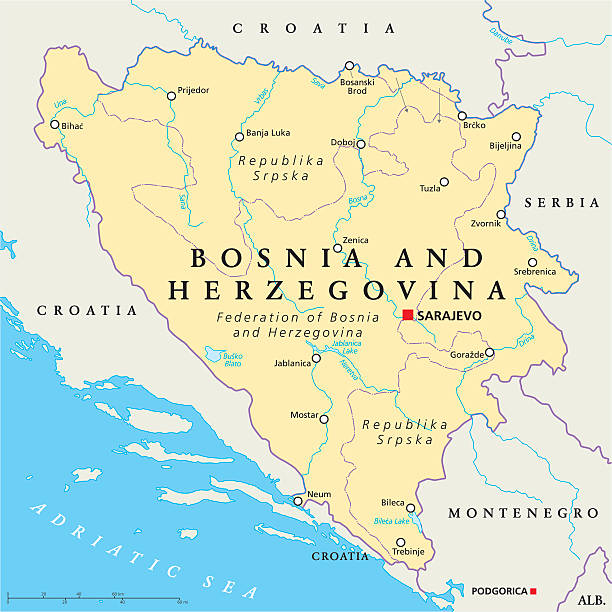 Bosnia And Herzegovina Political Map Bosnia and Herzegovina Political Map with capital Sarajevo, national borders, important cities, rivers and lakes. English labeling and scaling. Illustration. bosnia and herzegovina stock illustrations