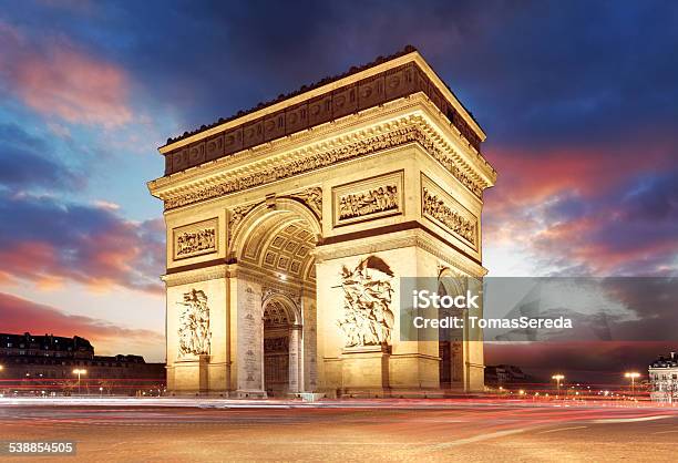Arc De Triomphe At Sunset Paris Stock Photo - Download Image Now - Arc de Triomphe - Paris, Triumphal Arch, Paris - France