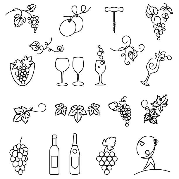 illustrations, cliparts, dessins animés et icônes de vignoble de raisin fine ligne art ensemble d'icônes - raisin illustrations