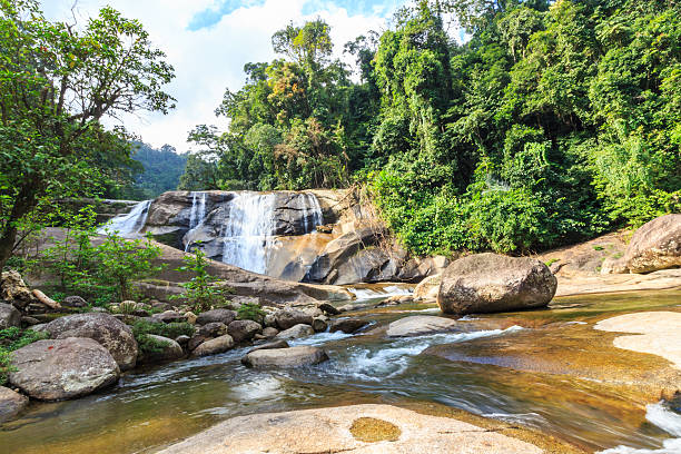 istock Waterfall in tropical forest. Mountain river, stones with moss,T 538859001
