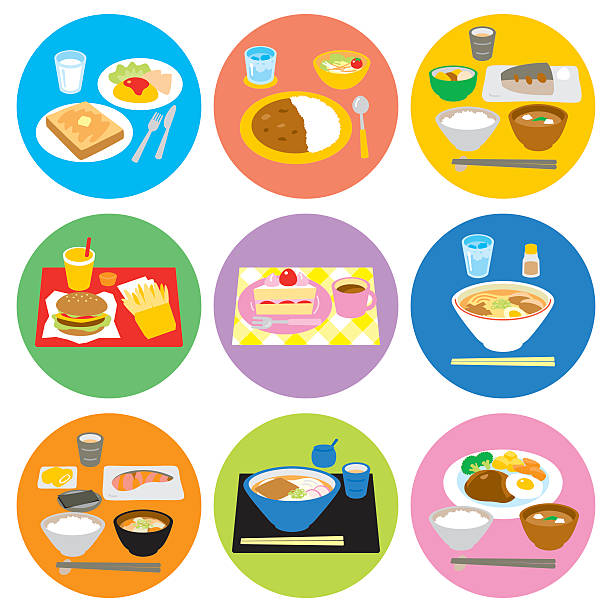 Typical meals in Japan Typical meals in Japan, breakfast and lunch, dinner, snacks, vector file omelette on the plate stock illustrations