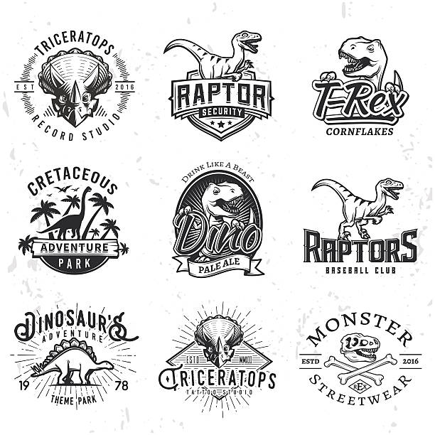 Set of Dino Labels. T-rex skull print illustration concept Set of Dino Labels. T-rex skull t-shirt illustration concept on grunge background. Raptors sport team insignia design. Vintage Jurassic Period badge. raptor dinosaur stock illustrations