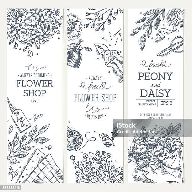 Flower Shop Linear Graphic Top View Vintage Illustration Stock Illustration - Download Image Now