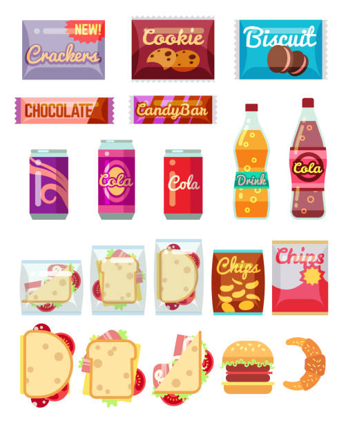 ilustraciones, imágenes clip art, dibujos animados e iconos de stock de máquina expendedora de iconos plana de los productos de envasado - quick cookies