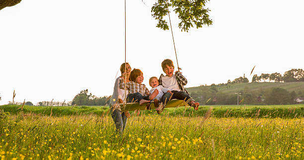 istock Woman pushing children on swing at park 538866462