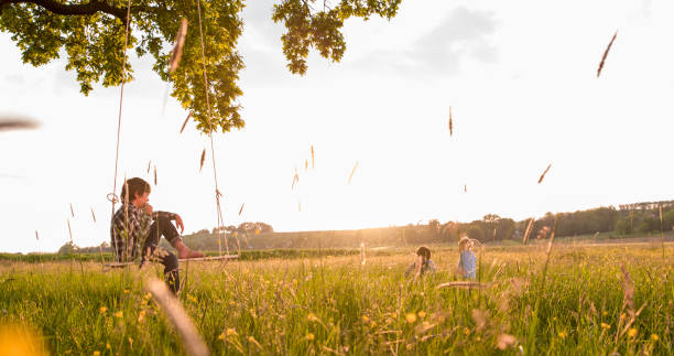 istock Boy on swing looking at sister playing in park 538866800