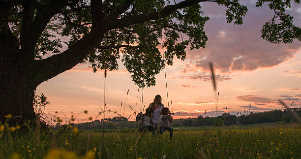 istock Mother pushing children on swing during sunset 538867016