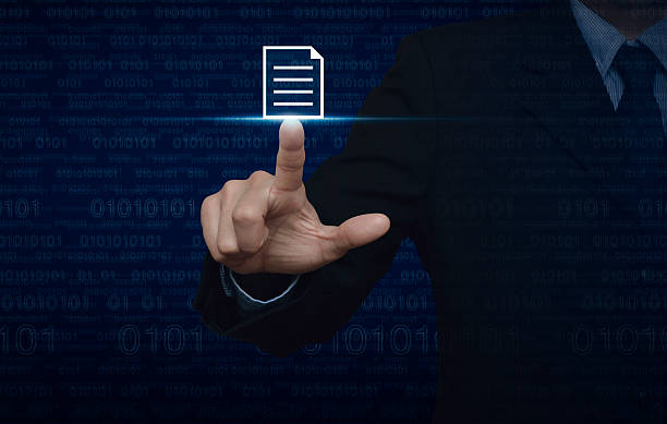 businessman pressing document icon over computer binary code blue background - number 1 businessman one finger one person imagens e fotografias de stock