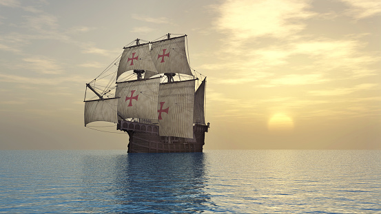 Computer generated 3D illustration with a Portuguese caravel of the fifteenth century at sunset