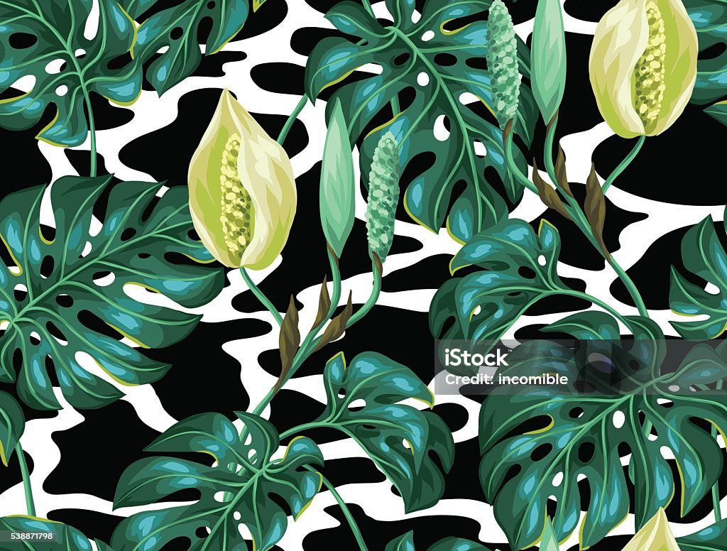Seamless pattern with monstera leaves. Decorative image of tropical foliage Seamless pattern with monstera leaves. Decorative image of tropical foliage and flower. Background made without clipping mask. Easy to use for backdrop, textile, wrapping paper. Arts Culture and Entertainment stock vector