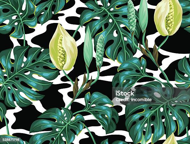 Seamless Pattern With Monstera Leaves Decorative Image Of Tropical Foliage Stock Illustration - Download Image Now