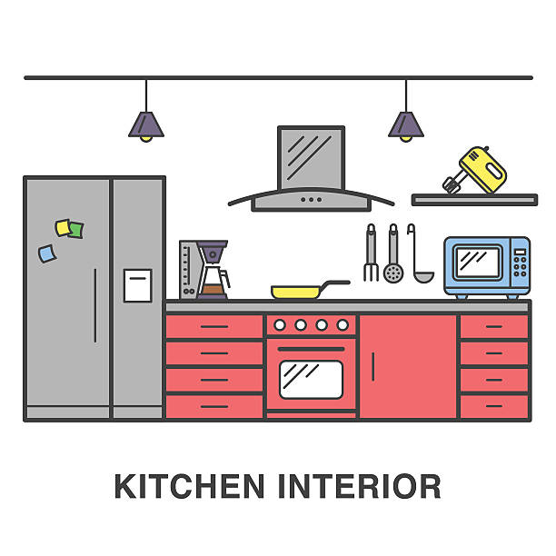 Kitchen interior with house appliances in flat style. Kitchen interior illustration with house appliances made in flat style. luxury coffee machine stock illustrations