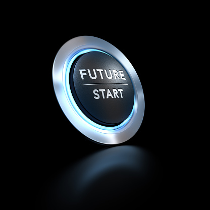 3D illustration of a pushbutton where it is written future start with blue light over black background. Concept image for illustration of life change or strategic vision.