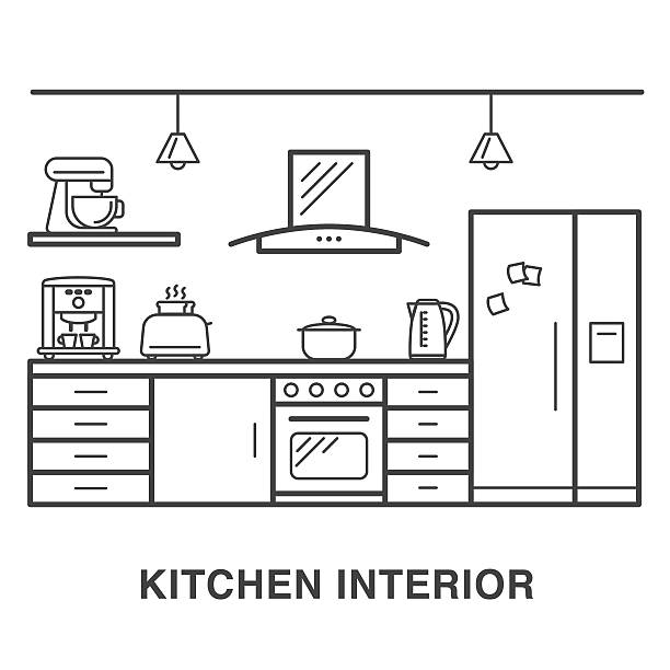 Kitchen interior with appliances in line art style. Kitchen interior illustration with house appliances made in line art style. luxury coffee machine stock illustrations