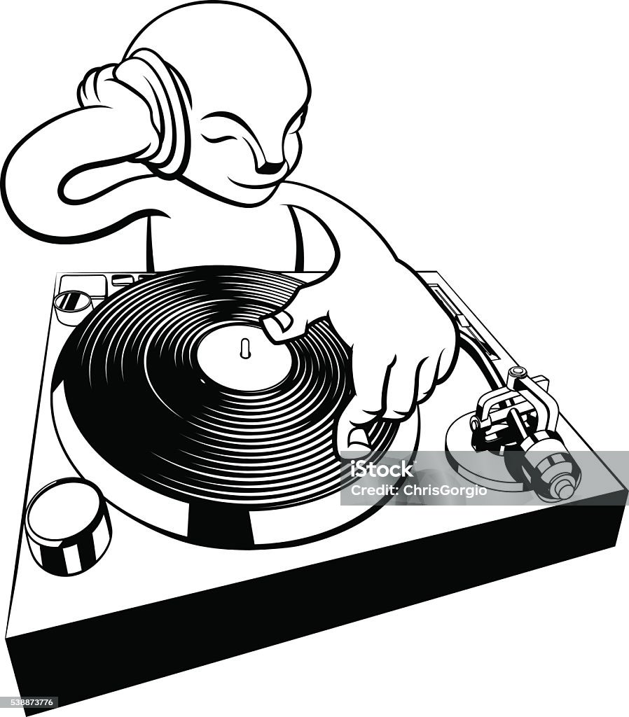 DJ on turntable decks A cartoon alien character DJ on turntable decks DJ stock vector