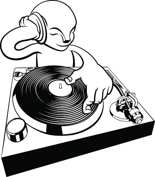 Vector illustration of DJ on turntable decks