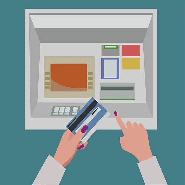 Vector illustration of ATM payment, Woman inserting a bank Credit Card