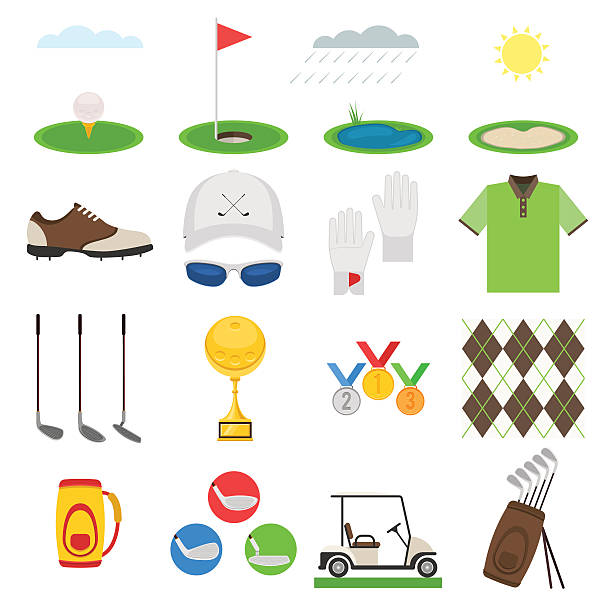 illustrations, cliparts, dessins animés et icônes de ensemble d'icônes de golf - golf cart golf bag horizontal outdoors