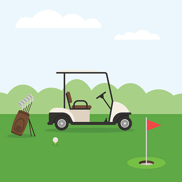Golf course and car Golf course. Golf landscape in flat style. Vector illustration golf course stock illustrations