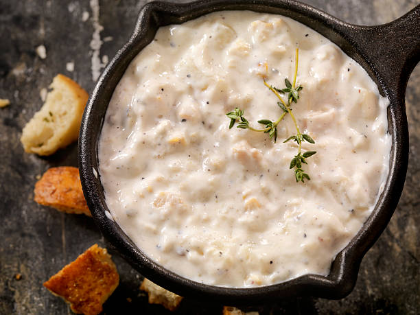 New England Style Clam Chowder New England Style Clam Chowder with Toasted Croutons and Fresh Thyme- Photographed on Hasselblad H3D2-39mb Camera Chowder stock pictures, royalty-free photos & images