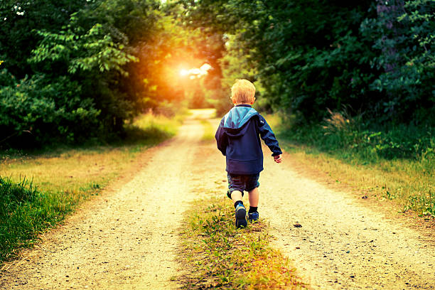 Boy wearing jacket and shorts walks on an old road in the forest. The sun sets in the horizon, and he is walking towards it. He is alone and seems determinated.