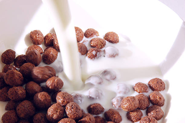 Chocolate cereals with milk stock photo