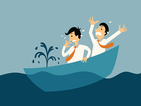 Two businessman being panic because of sinking boat, abstract illustration business concept in bankruptcy.