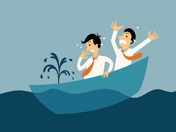 Sinking boat Two businessman being panic because of sinking boat, abstract illustration business concept in bankruptcy. sinking ship images stock illustrations