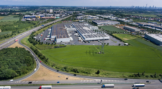 Aerial view of Frischezentrum (Grossmarkthalle) and highway A5 in the north of Frankfurt, Germany