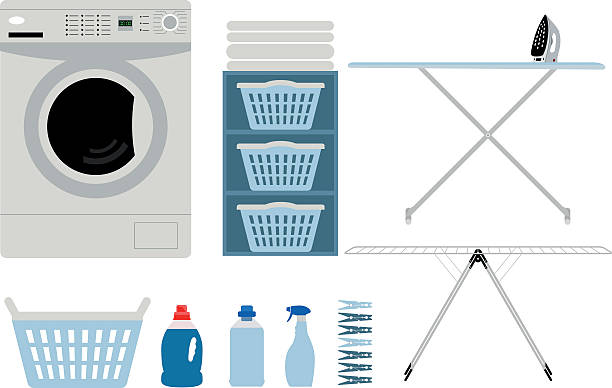 illustrazioni stock, clip art, cartoni animati e icone di tendenza di bellissimo impostare di lavanderia. - iron laundry cleaning ironing board