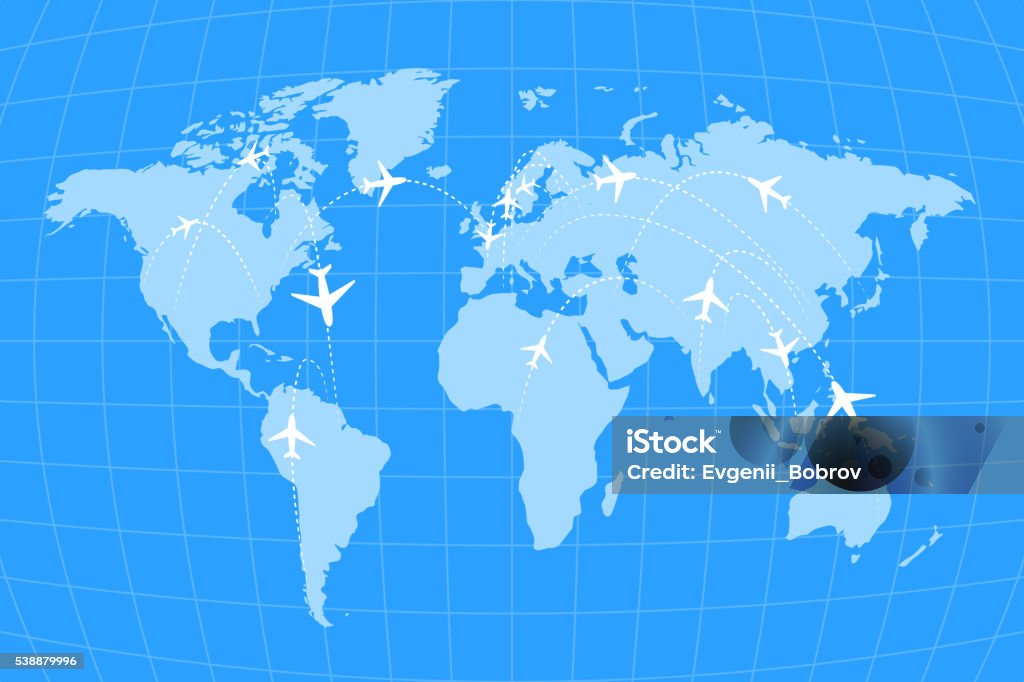 Airline routes on worldwide map, blue and white infographic Airline routes on worldwide map, blue and white infographic illustration World Map stock vector
