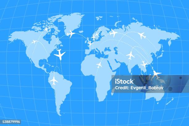 Airline Routes On Worldwide Map Blue And White Infographic Stock Illustration - Download Image Now
