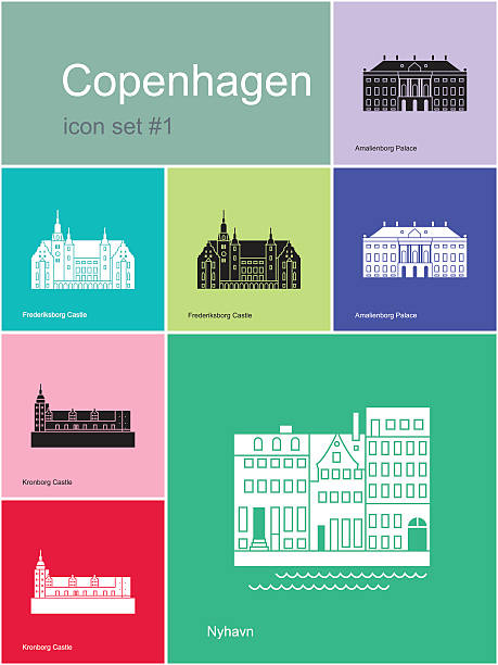Icons of Copenhagen Landmarks of Copenhagen. Set of color icons in Metro style. Editable vector illustration. nyhavn stock illustrations