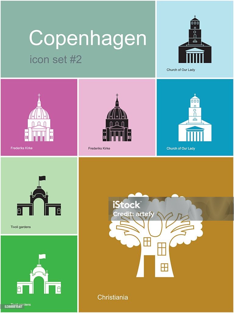 Icons of Copenhagen Landmarks of Copenhagen. Set of color icons in Metro style. Editable vector illustration. Denmark stock vector