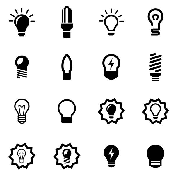 벡터 블랙힐스 전구 아이콘 세트 - light bulb fluorescent light lighting equipment stock illustrations