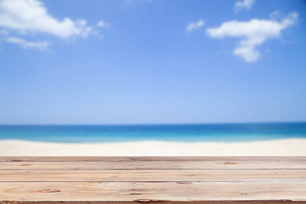 istock Wood floor on blur clear sky and island beach 538886646
