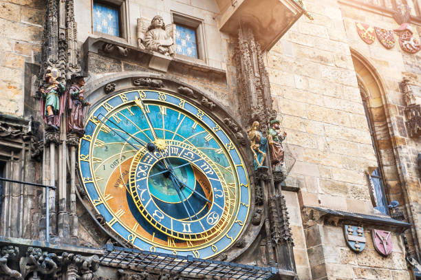Historical medieval astronomical clock in Prague Historical medieval astronomical clock in Old Town Square in Prague, Czech Republic prague stock pictures, royalty-free photos & images