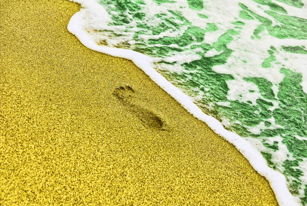 traza humanos en playa arenosa cerca del mar turquesa y surf. - barefoot behavior toned image close up fotografías e imágenes de stock