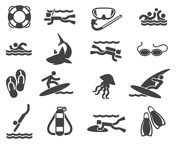 Swimming and scuba diving icons Sea Beach Swimming Pictograms. Swimming and scuba diving icons. Vector illustration person diving into water stock illustrations