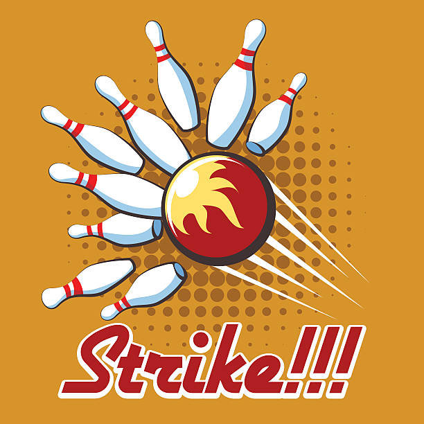 illustrazioni stock, clip art, cartoni animati e icone di tendenza di pop art poster strike in bowling - rolling up flash