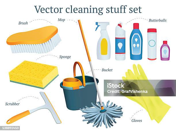 Set Of Vector Cleaning Stuff Design With Mop Bucket Butterball Stock Illustration - Download Image Now