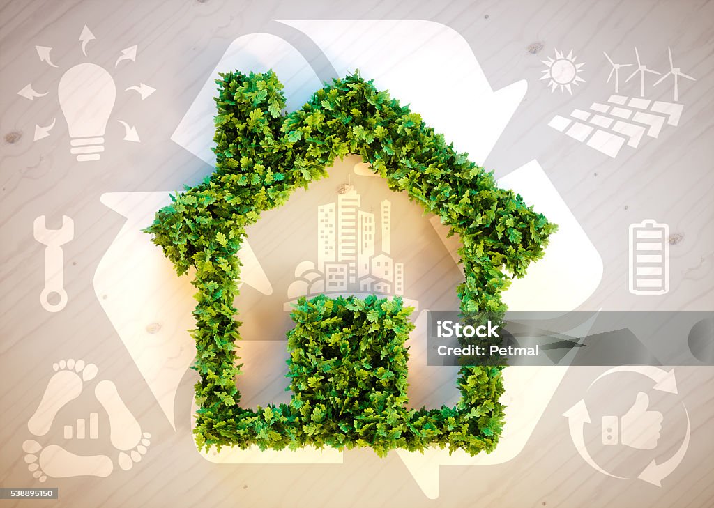 Sustainable living Sustainable living - 3d illustration with ecology icons on brown wooden background. House Stock Photo