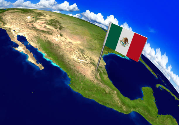 marcador com bandeira do país de méxico no mapa do mundo - mexican flag mexico flag digitally generated image imagens e fotografias de stock
