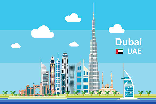 illustrazioni stock, clip art, cartoni animati e icone di tendenza di paesaggio urbano pianeggiante di dubai - burj khalifa