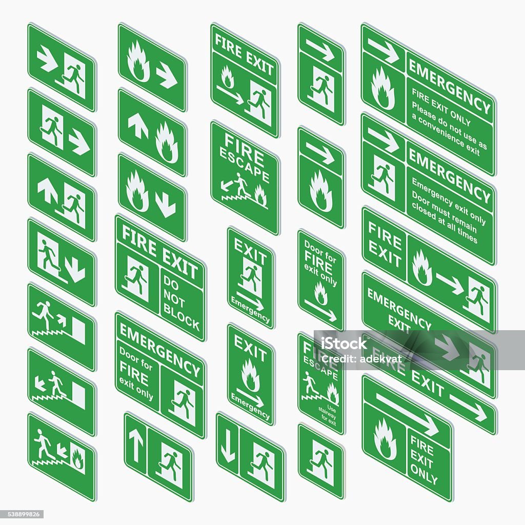 Fire Exit Protjection Signs Exit Isometric Sign Vector Set Isolated Stock Illustration - Download ...